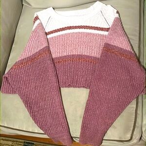 Aeropostale Cream Pink Stripe Cropped Chunky Ribbed Sweater LG Preppy Casual